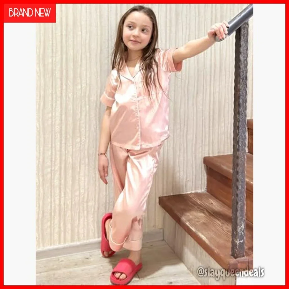 Girls Silk Satin Pajama Set Short Sleeve Button Down Sleepwear